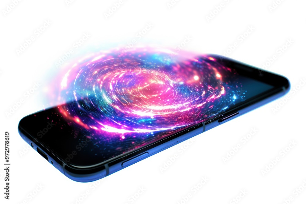 Poster a dynamic depiction of a cell phone signal, captured in motion as it travels through space, emphasiz