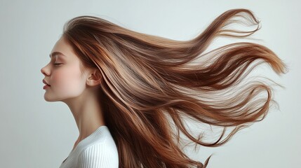 Fototapeta premium young woman with beautiful hair in motion, dynamic portrait of a model shaking her hair on a light gray background
