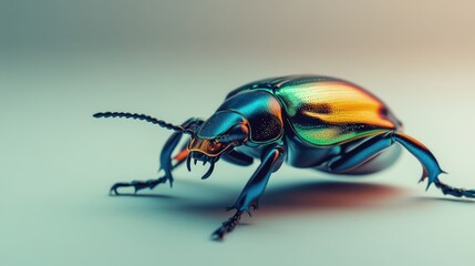 Fototapeta premium A single beetle on a white surface, with a focus on its shiny, iridescent shell and legs, creating a striking visual against the simple backdrop.
