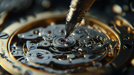 A watchmaker is using a screwdriver to work on the intricate gears of a watch.