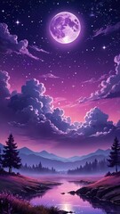 Surreal Night Landscape with Full Moon and Stars, phone background wallpaper