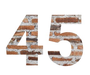 Fototapeta premium A high-resolution image of the numbers 45, cut out of a weathered brick wall. The bricks are red, brown, and white with visible mortar. Ideal for design projects, presentations, and branding.