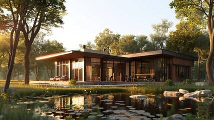 Obraz premium Modern Architecture House with a one-storey clapboard house project in a realistic format, bathed in ample natural light, 