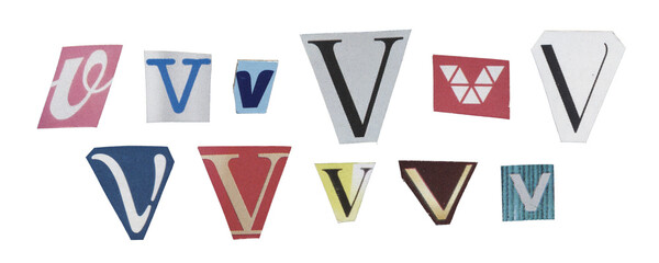 Set of isolated cut-out letter &ldquo;V&rdquo; from magazines on a transparent background, retro y2k style