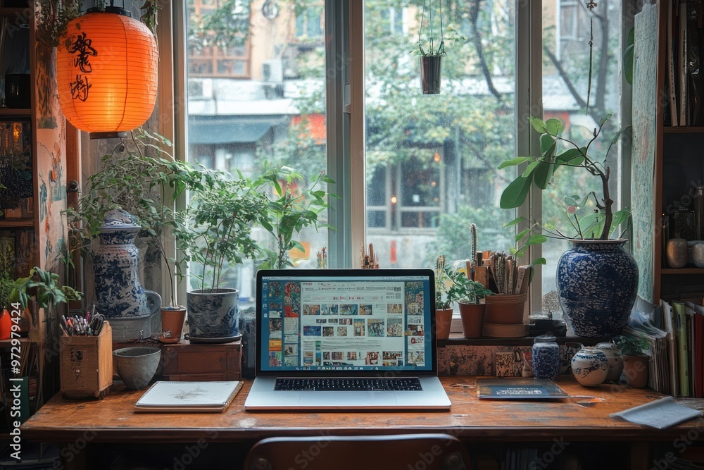 Canvas Prints A Cozy Workspace by the Window with Plants and a Laptop