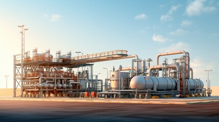 Fototapeta premium A liquefaction plant transforming natural gas into LNG, with pipelines, machinery, and cryogenic tanks.