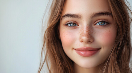Obraz premium Close-up of a teenage girl with a friendly smile and fresh-faced makeup, with a stylish, minimalist background. 