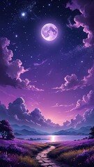 Surreal Night Landscape with Full Moon and Stars, phone background wallpaper