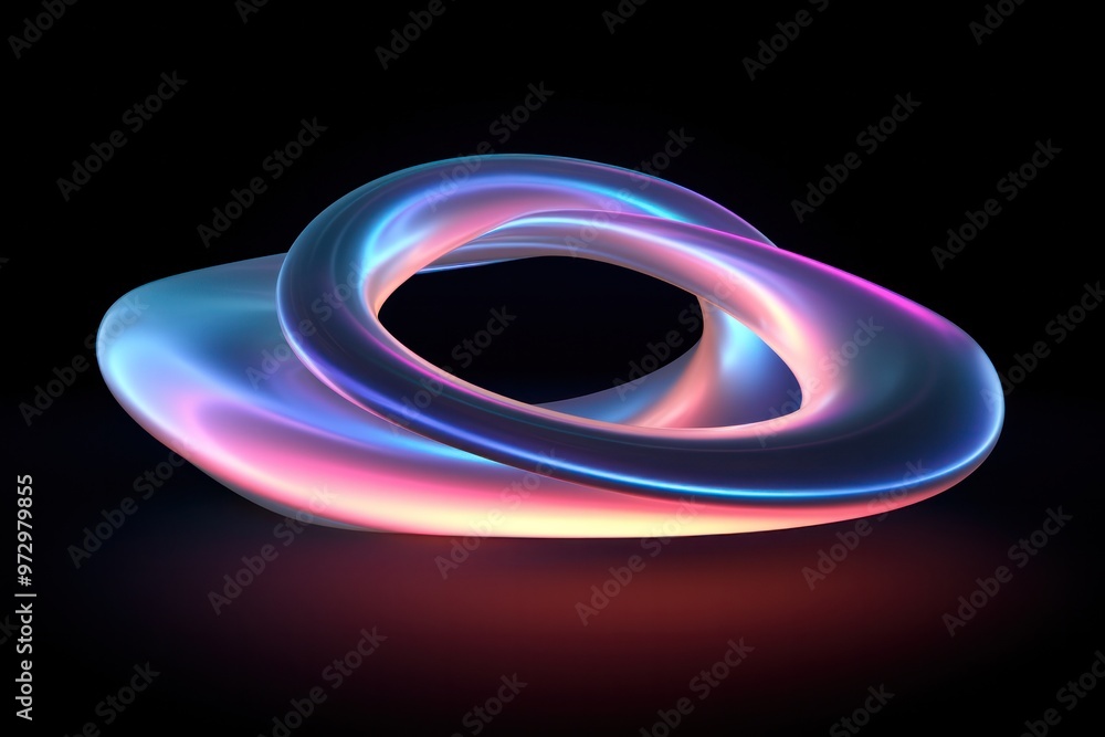 Poster a mesmerizing 3d torus, its smooth, endless loop casting an otherworldly glow against the stark