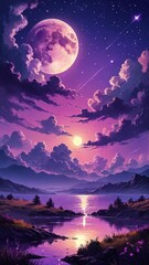 Surreal Night Landscape with Full Moon and Stars, phone background wallpaper