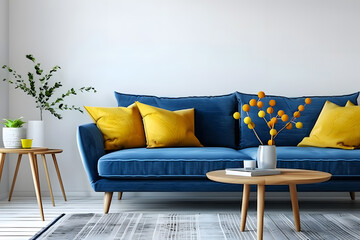 Scandinavian home interior design of modern living room. Ellipse coffee table near blue sofa with yellow pillows against 3d render. Generative Ai.