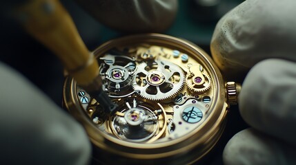 A watchmaker is using a screwdriver to work on the intricate gears of a watch.