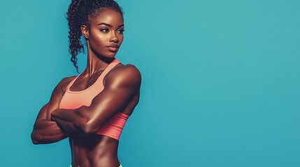 african american female fitness model with strong abs, colorful sportswear, sexy athletic woman workout banner, blue background and space for text