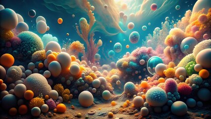 Abstract art composition with a surreal underwater theme featuring soft bright foamy shapes , underwater, sea, ocean, surreal