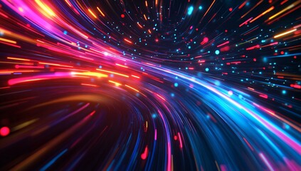 Colorful light trails in a dynamic abstract design showcasing vibrant energy and movement in a dark space