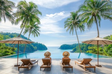 Tropical Paradise Infinity Pool Overlooking the Ocean with Palm Trees and Lounge Chairs