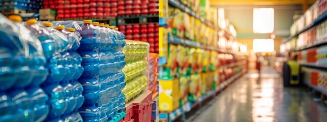 Fototapeta premium Colorful pallets of goods on display in a large warehouse