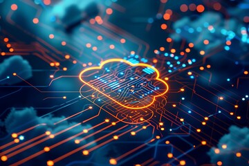 Cloud Computing Security, Data Protection with Padlock on Circuit Board, Cyber Safety Concept , A cloud shaped digital network with a glowing orange outline, house icon, and blue and orange lights ,
