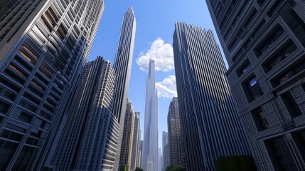 Fototapeta premium A stunning view of skyscrapers in a bustling city center, with towering buildings reaching toward the sky and a mix of modern architecture and reflections.