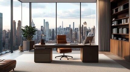 Naklejka na ściany i meble A modern office with a view of a city skyline at dusk.