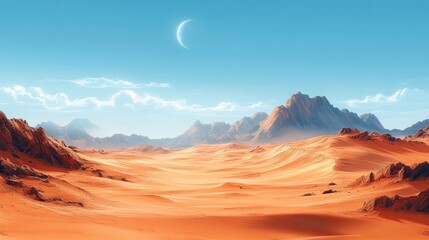 Naklejka premium A serene desert landscape with mountains and a crescent moon.