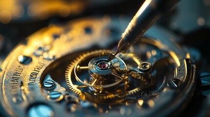 A watchmaker is using a screwdriver to work on the intricate gears of a watch.