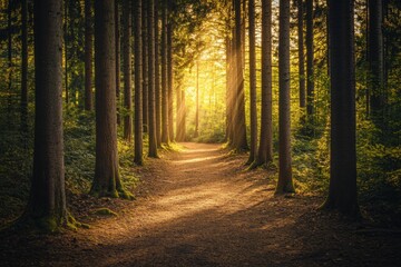 Fototapeta premium A tranquil forest pathway surrounded by tall trees with sunlight filtering through the leaves, creating a beautiful dappled light effect. Ideal for promoting peace and relaxation