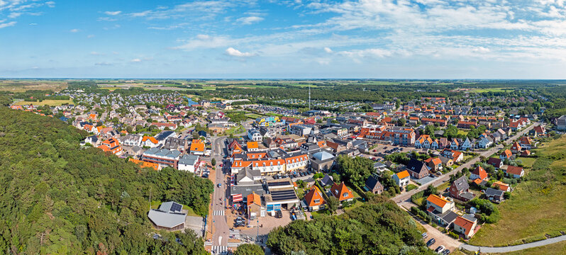 Aerial panorama the town De Koog  on Texel island in the Netherlands