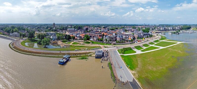 Aerial panorama from the town Tiel at the river Waal in a flooded landscape in the Netherlands
