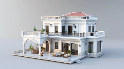 A layered model of a house on solid white background, single object