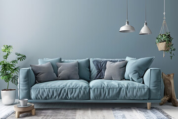 Scandinavian interior design of modern living room, home. Blue sofa under interior design 3d render. Generative Ai.