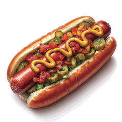 Hot dog with mustard and pickles isolated on a white background.