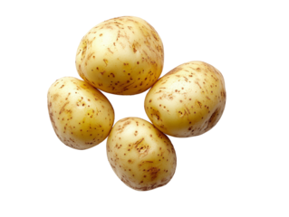 Four unpeeled potatoes with speckled skin on a white background, showcasing fresh, raw vegetables in their natural state.