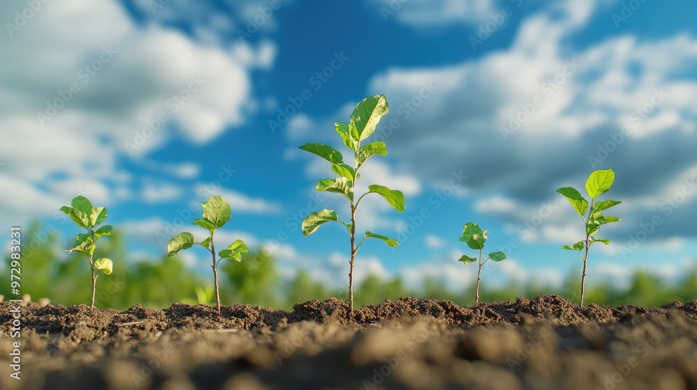 Aufkleber a time-lapse effect of a tree planting area showing the stages of growth from sapling to young tree,