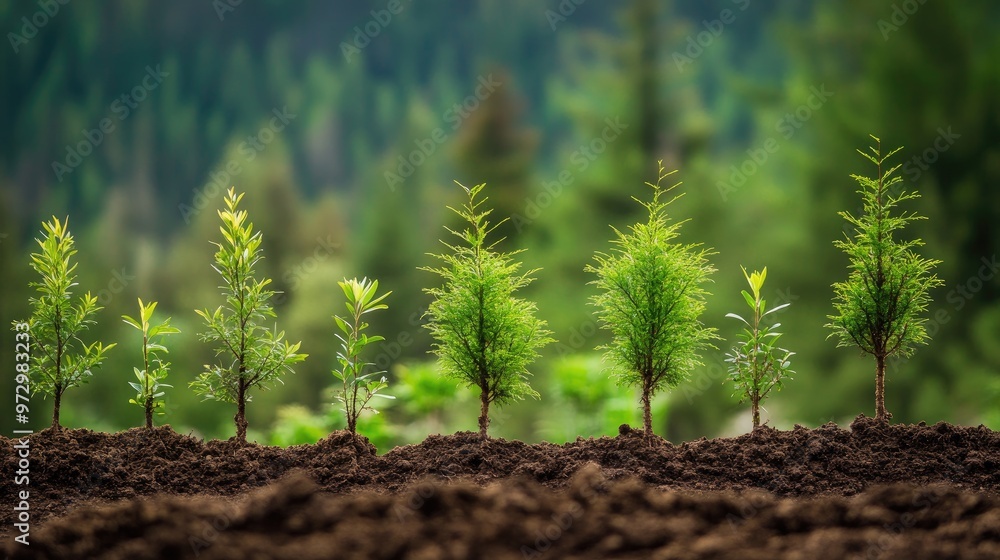Aufkleber a time-lapse effect of a tree planting area showing the stages of growth from sapling to young tree,
