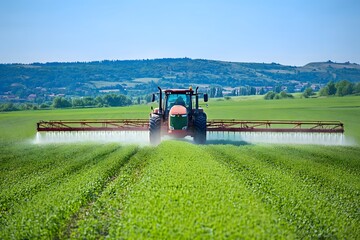 Fototapeta premium farming tractor on the big green field, agriculture 
