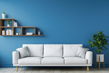 Sofa and book stand against blue wall. Scandinavian home interior design 3d render. Generative Ai.