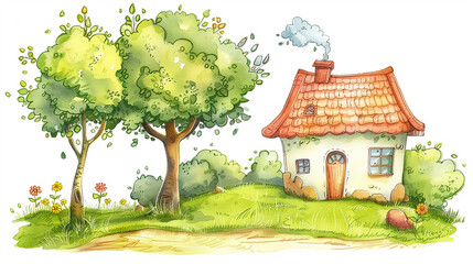 A detailed miniature model of a house surrounded by greenery on a plain background during daylight