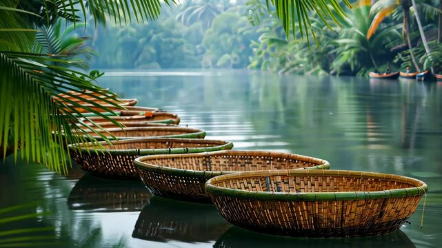 Coracles made of pal lining the calm waters in a serene river at dawn