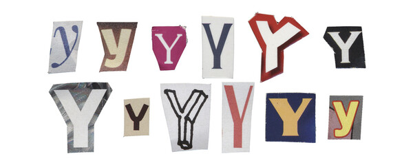 Set of isolated cut-out letter “Y” from magazines on a transparent background, retro y2k style