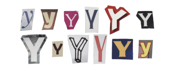 Set of isolated cut-out letter “Y” from magazines on a transparent background, retro y2k style