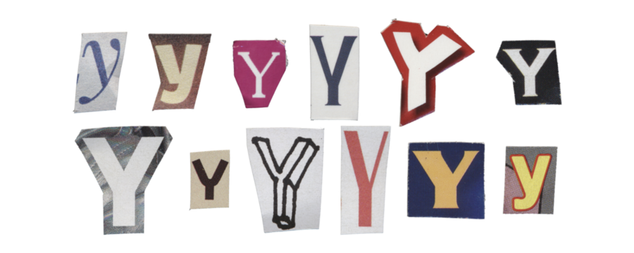Set of isolated cut-out letter “Y” from magazines on a transparent background, retro y2k style