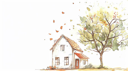 Cute cozy house hand drawn watercolor illustration.
 old farm house in winter