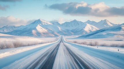 Straight Road Leading to Snowy Mountains Under Clear Blue Skies