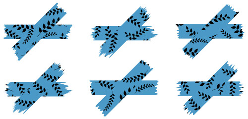 Set of blue washi tapes with black leaves pattern isolated on white. Washi tape collection in vector. Pieces of decorative tape for albums. Torn paper	