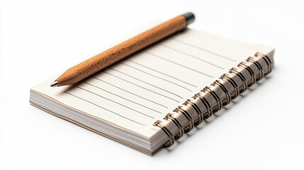 A simple and elegant notebook with lined pages and wooden pencil resting on top, perfect for jotting down thoughts and tasks. This setup evokes sense of organization and creativity