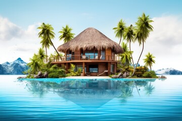 A secluded tropical island paradise with crystal clear turquoise waters, lush palm trees, and a luxurious overwater bungalow
