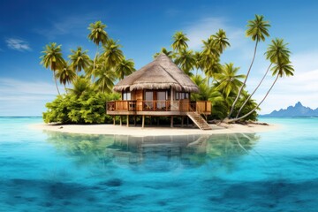 A secluded tropical island paradise with crystal clear turquoise waters, lush palm trees, and a luxurious overwater bungalow