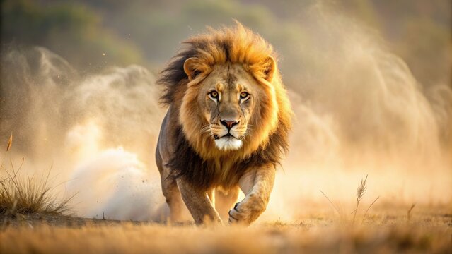 Majestic lion running in savanna, hunting prey, stirring up dust , Lion, majestic, savanna, running, hunting, prey
