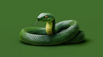 Obraz premium A green snake is curled up on a green background